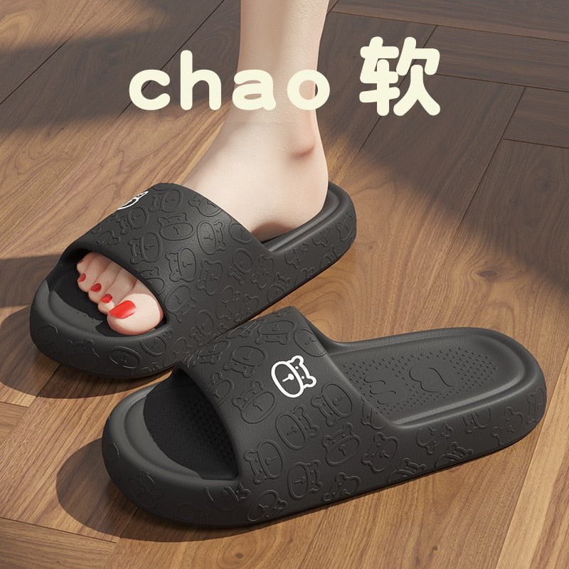 Outdoors Summer Women Men Flat Thick Platform Slippers Non-Slip Cartoon Home Bath Sandals Beach Slides Couples Ladies Shoes