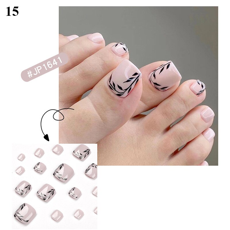 False Toenail 24Pcs/Box Toe Nail 3D Glitter Decor Press On Fake Nails With Glue Detachable Square Short Full Cover DIY Nail Tips 15