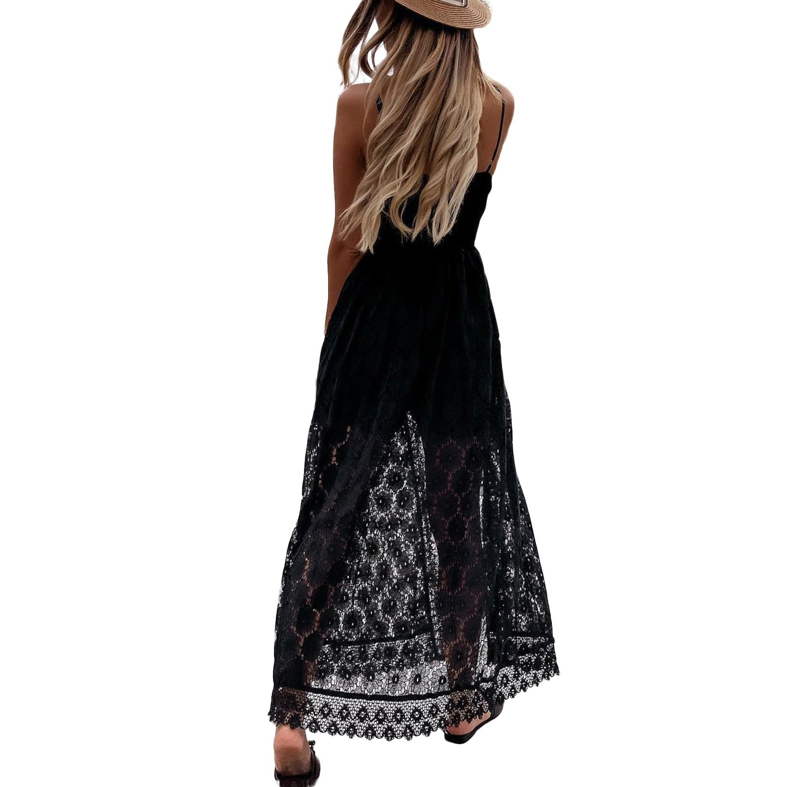 Summer V Neck Solid Color Lace Hollow-Out Sleeveless Sling Party Wear High Waist Rompers Holiday Casual White Women's Jumpsuit