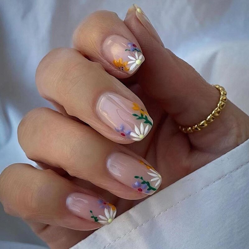Summer New Square False Nails French Fake Nails With Flower Pattern Designs False Nails Full Cover Detachable Press on Nail Tips 5