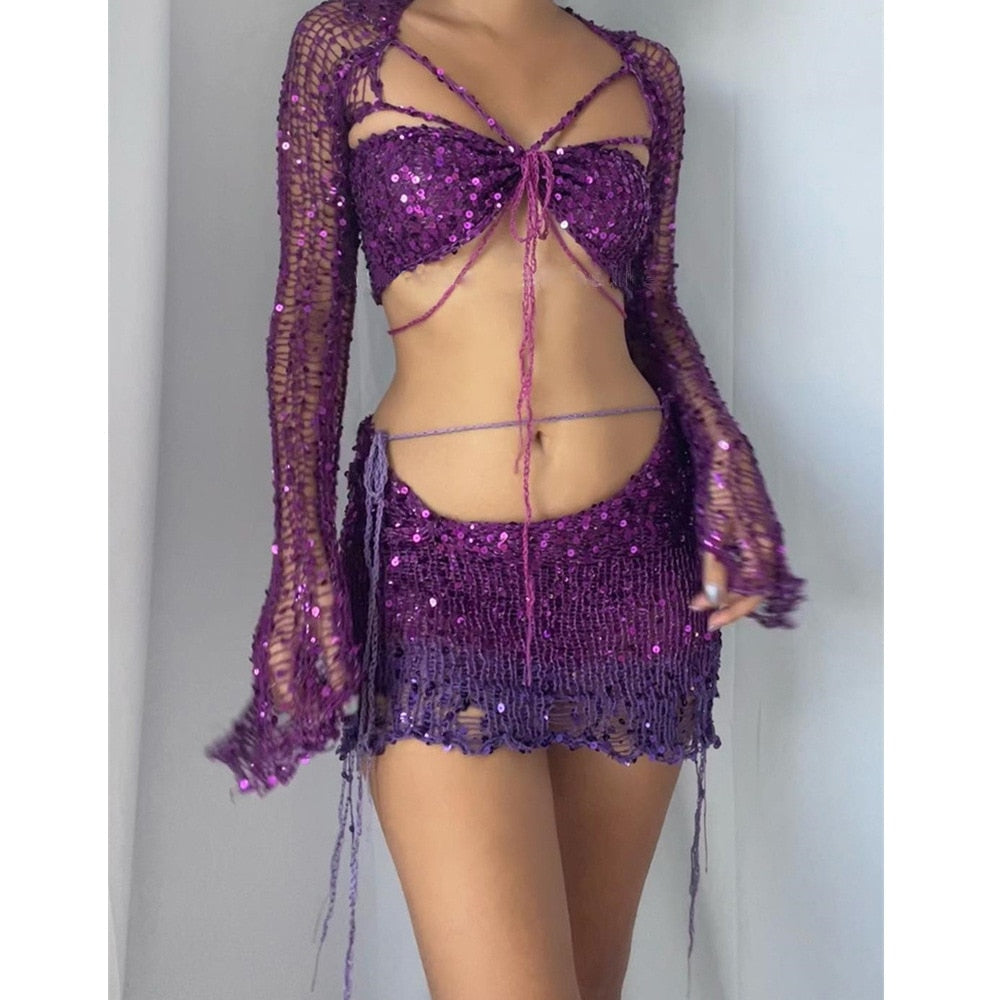 Crochet Knitted Dress Two Piece Skirt Sets Summer Women Clothes Sexy Crop Tops Elegant Knit Sequin Dress 2 Piece Set Outfit Dark Purple
