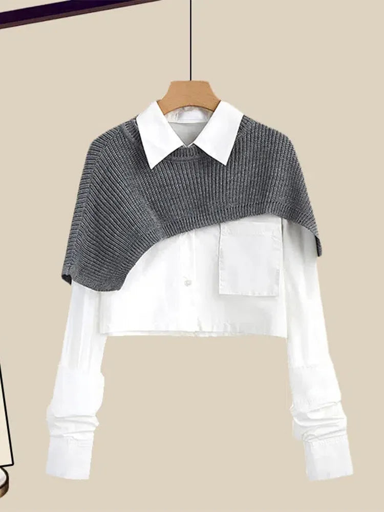 Spring Autumn Large Size Women's Shawl Shirt Three-piece Set+High Waist Knitting Half-body Skirt Set Women Fashion 3 Piece Set tops 2-piece set