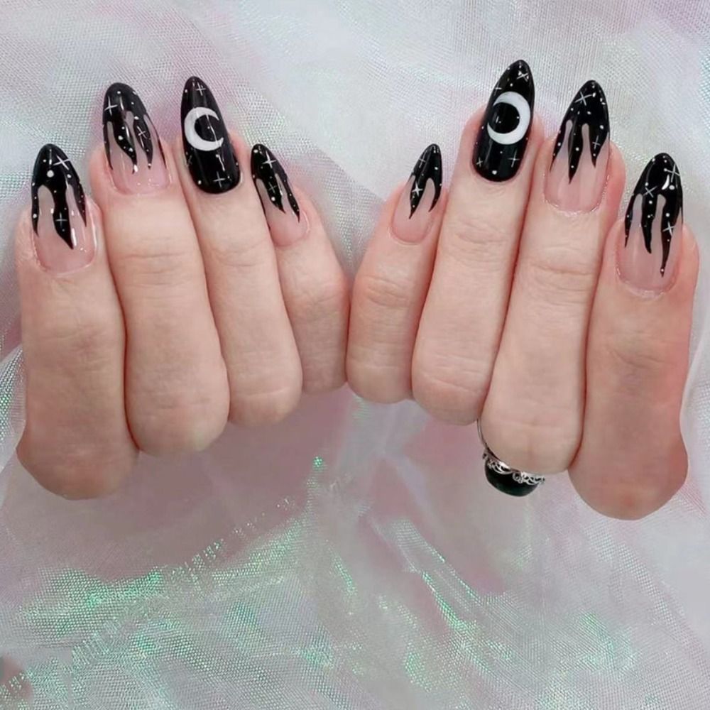 Long Stiletto False Nails Black Edge French Gold Thread Black Rhinestones Design Wearable Fake Nails Press On Nails Manicure Tip 5