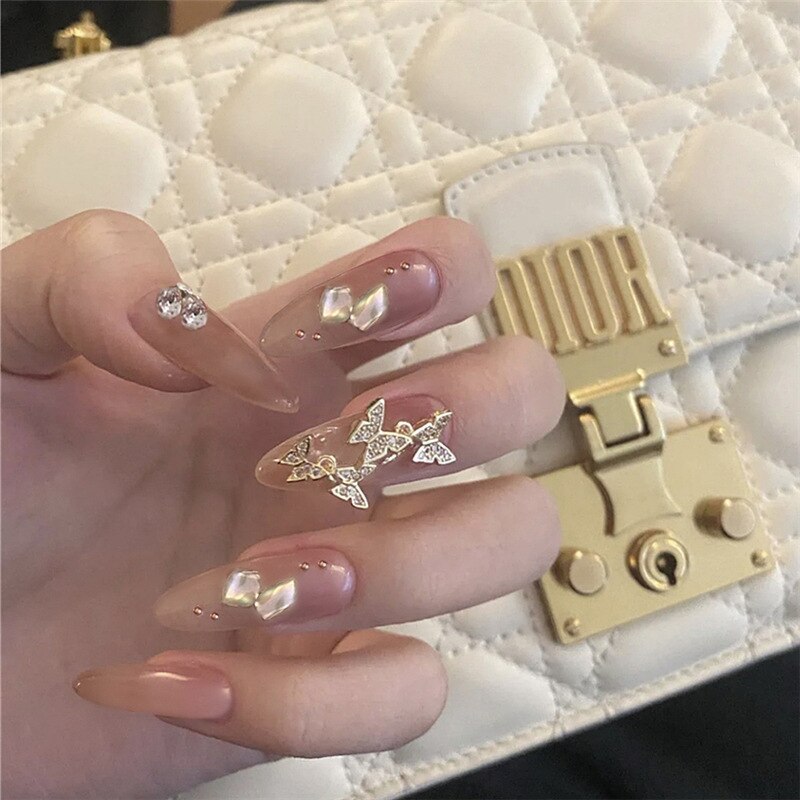 24pcs/box Printing Nails Patch MidLength Fake Nails With Design Full Cover Acrylic Press On Nails Long Artifical Nails With Glue NUDE