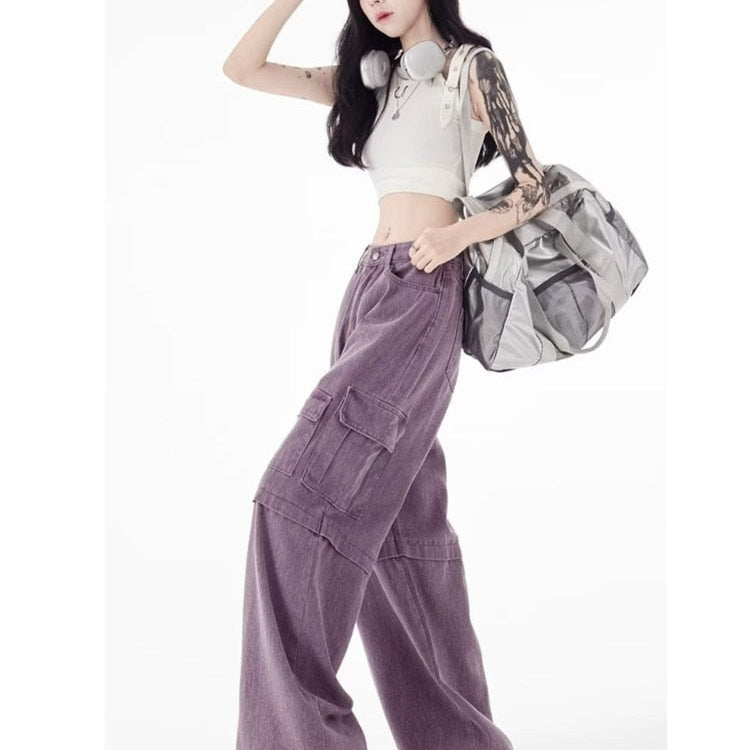 Vintage Purple Cargo Pants New Multi Pocket High Waist Casual Loose Drag Thin Wide Leg Pants Women's Jeans