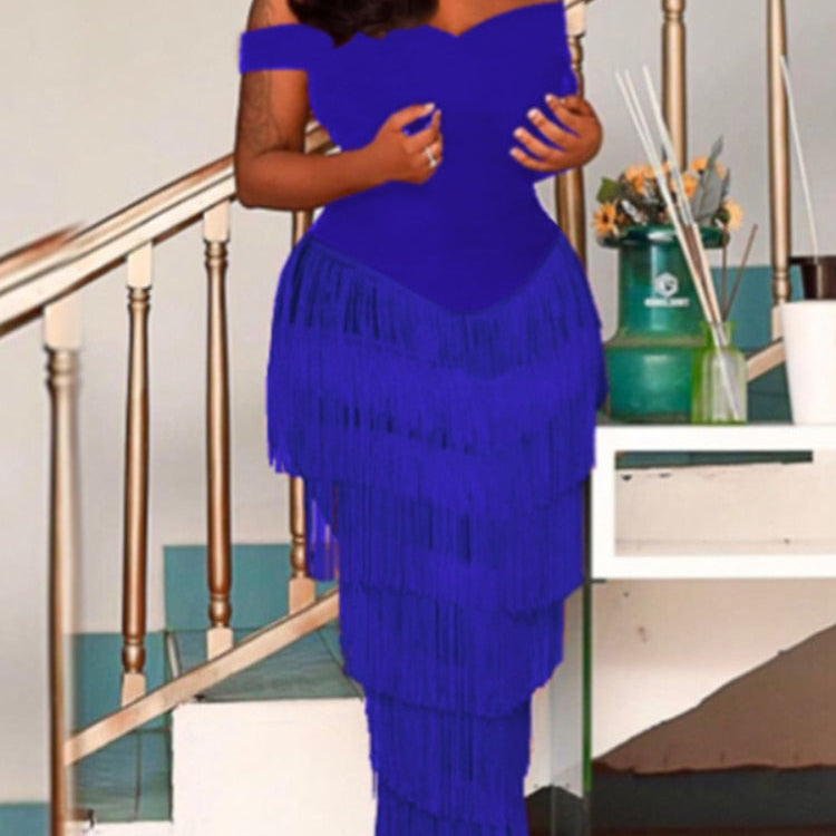 Women Dresses Blue Tassels Fringe Sexy Party Off Shoulder Sleevless Elegant Bodycon Long Cocktail Birthday Outfits Celebrate New