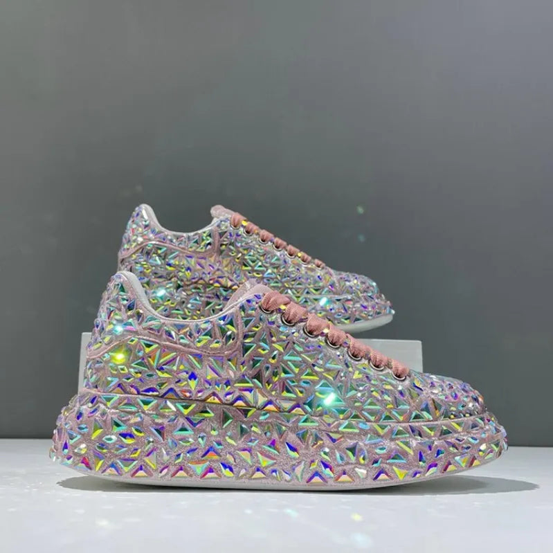 Autumn Spring Leather Women Shoes Fashion Platform Shoes Ins Platforms Sneakers Tide Shine Bling Rhinestone Shoes Pink