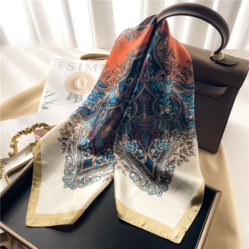 Luxury Print Satin Silk Square Scarf for Women Shawl Hijab Neckerchief Female Hair Ribbon Headband Fashion Wrap Bandana New FJ664-2