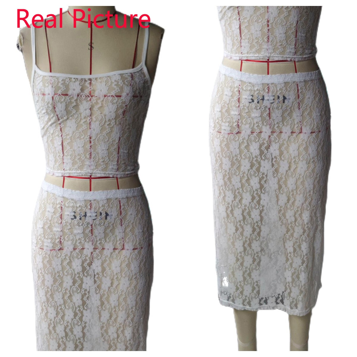 Women y2k Skirt Sets Suit 2Pcs Suit Lace Flower See Through Sleeveless Camisole + Wrapped Midi Skirt Summer Beach Outfits