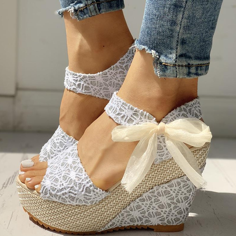 hot lace Women Wedges heeled women Shoes Summer Sandals Party Platform High Heels Shoes Woman Silver