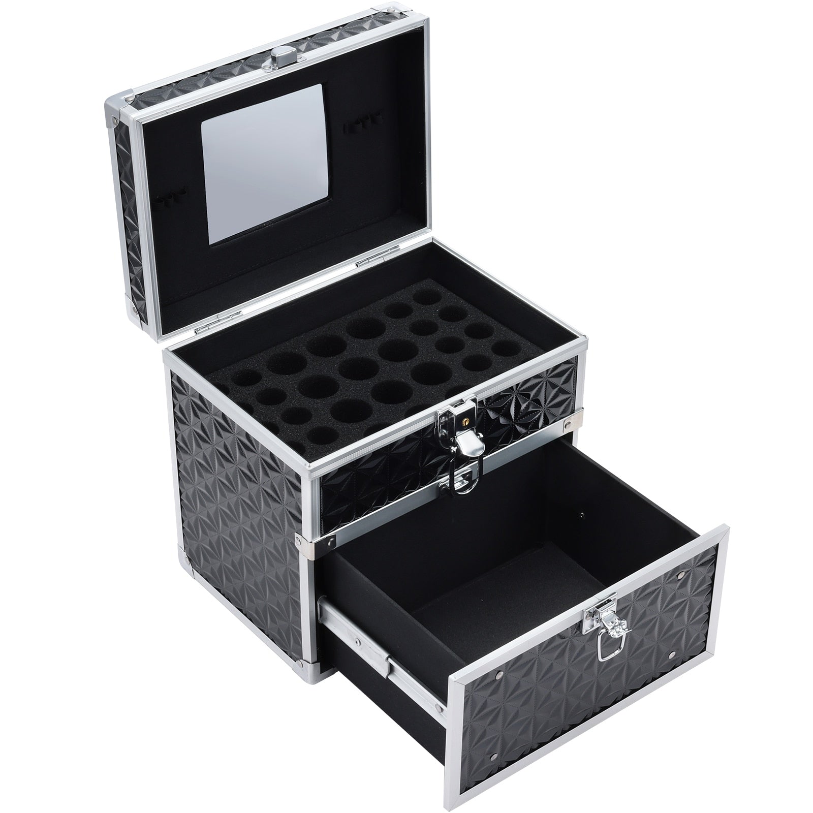Portable Makeup Box Alloy Make up Train Case Manicure Polish Storage Organzier Beauty Suitcase with Mirror Drawer for Nail Tech Cool black United States