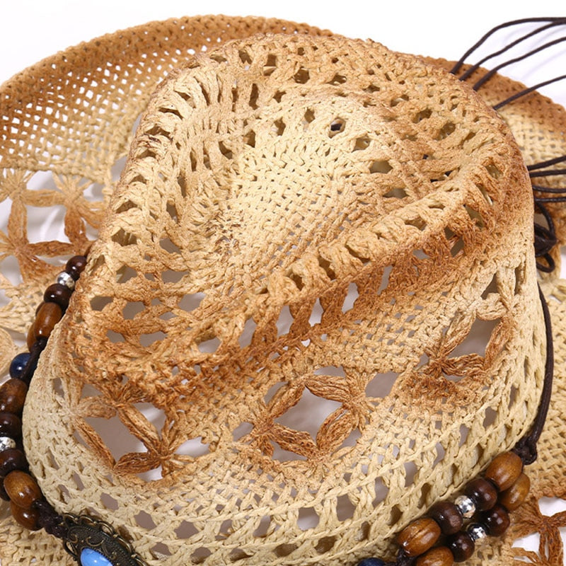 Fashion Rolled Jazz Cowboy Straw Hat Spring And Summer Men And Women Gem Strap Beach Sun Cap Outdoor Sun Shade Hollow Knight Hat