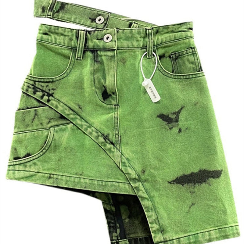 Fashion Women's Personalized Double Waist Design Green A-line Denim Skirt Asymmetric Hot Girl Short Skirts 2023
