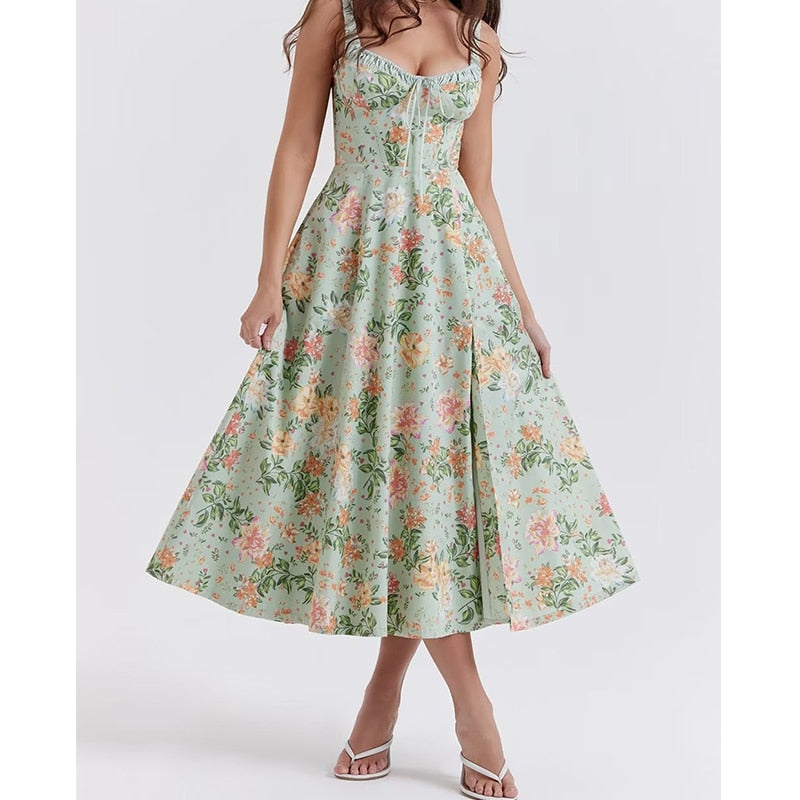 YENKYE 2023 Women French Style Floral Print A-line Midi Sling Dress Sexy Sleeveless Front Slit Female Holiday Party Summer Dress