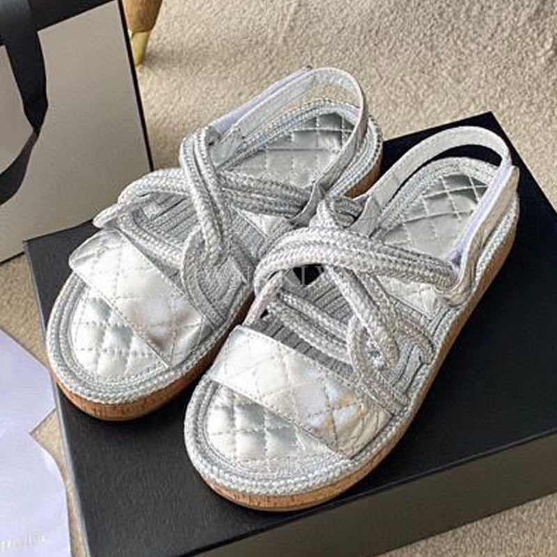 New Summer Women Real Leather Splicing Hemp Rope Open Toe Casual Sandals With Sticky Strap Design Resort Beach Flat Shoes as show 2