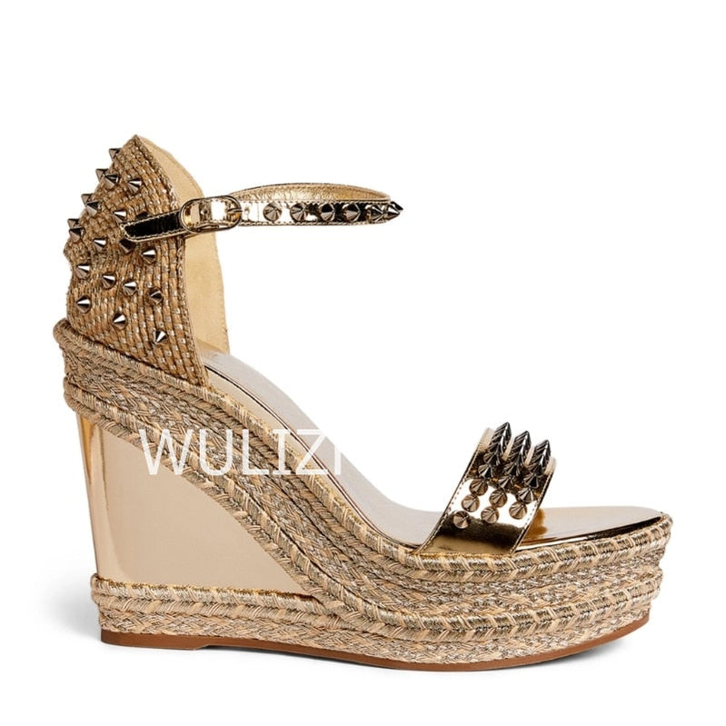 Women Bling Gold Stud Wedge Sandals Espadarille Metallic Hollow Buckle Design Shoes Open Office Bordered Luxury Gladiator Summer 12.5 cm 1