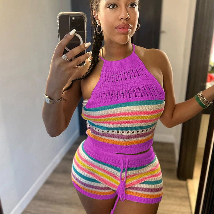 Wishyear Sexy Backless Halter Crop Top and Shorts Suit Two Piece Sets for Women Tracksuit Knitted Crochet Co Ord Summer Outfits Fuchsia CN