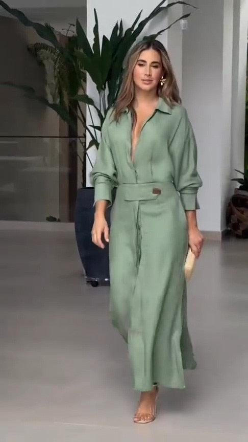 Fashion Dress for Women Luxury Elegant Solid Color Evening Dresses 2023 Party Slip Pockets Chic Promotion Long Sleeve Clothes Green