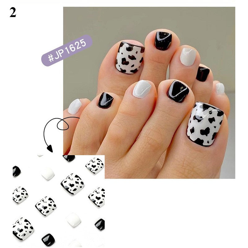 False Toenail 24Pcs/Box Toe Nail 3D Glitter Decor Press On Fake Nails With Glue Detachable Square Short Full Cover DIY Nail Tips