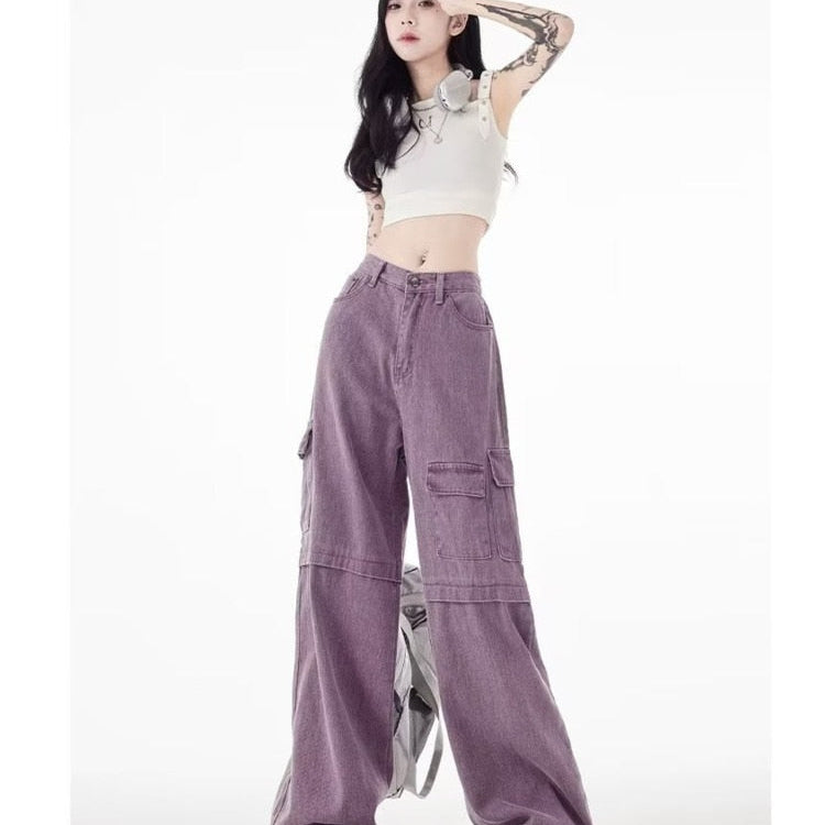 Vintage Purple Cargo Pants New Multi Pocket High Waist Casual Loose Drag Thin Wide Leg Pants Women's Jeans