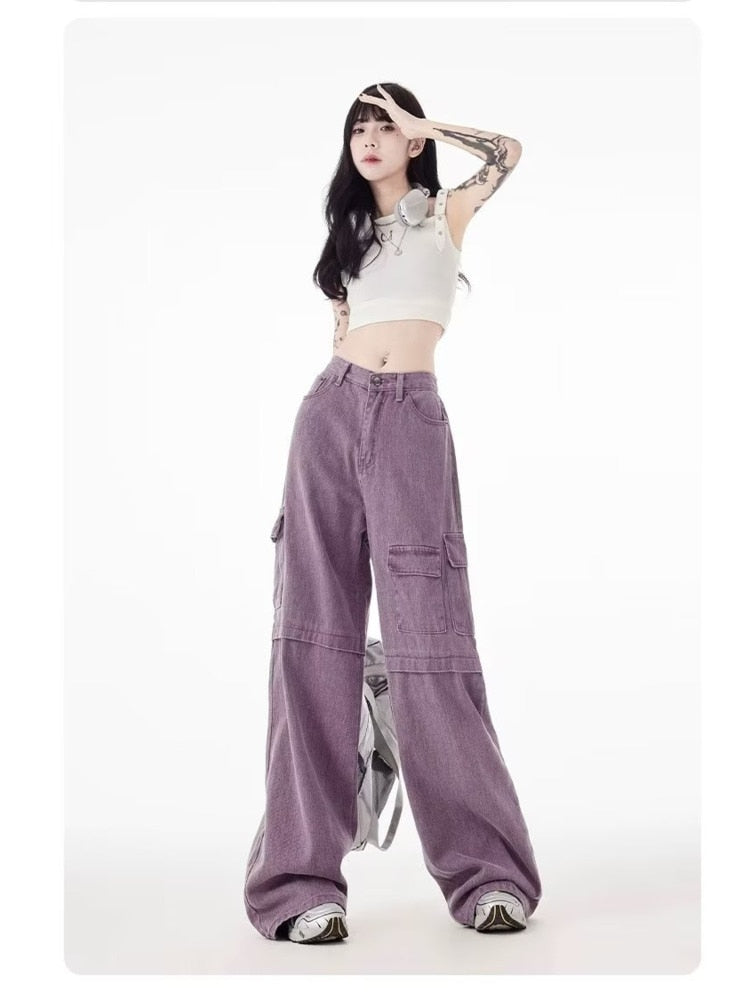 Vintage Purple Cargo Pants New Multi Pocket High Waist Casual Loose Drag Thin Wide Leg Pants Women's Jeans