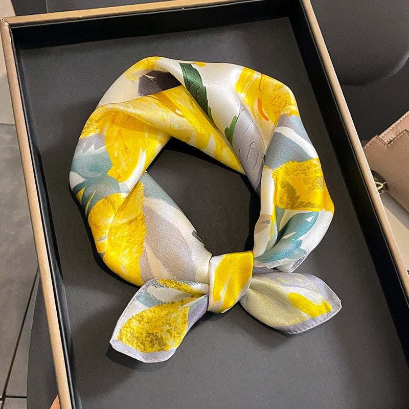 53cm Real Silk Nature Scarf Women Neckerchief Foulard Bandana Small Hairbands Fashion Floral Neck Ties for Office Lady New ZS-18 53x53cm