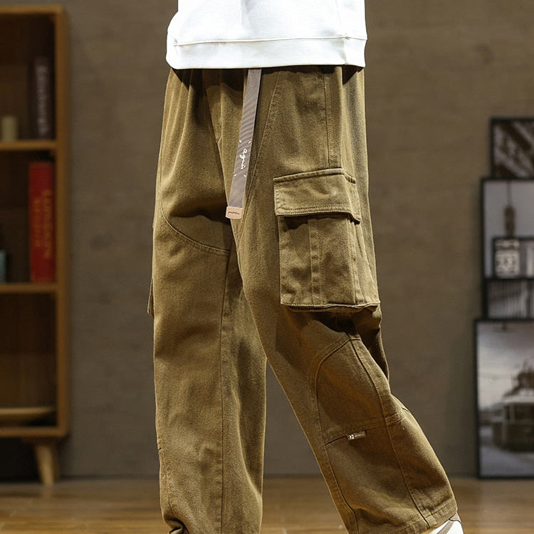 Autumn New Cargo Pants Men Multi-Pockets Cotton Casual Wide Pants Male Workwear Loose Straight Trousers Big Size 7XL 8XL Coffee