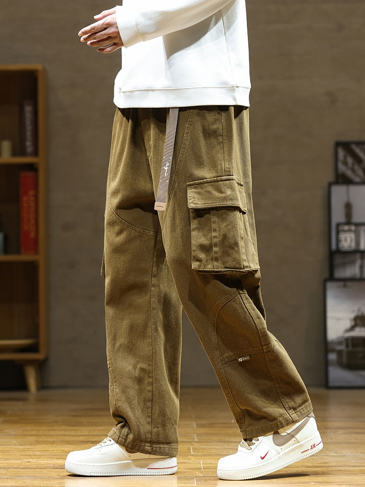 2023 Autumn New Cargo Pants Men Multi-Pockets Cotton Casual Wide Pants Male Workwear Loose Straight Trousers Big Size 7XL 8XL