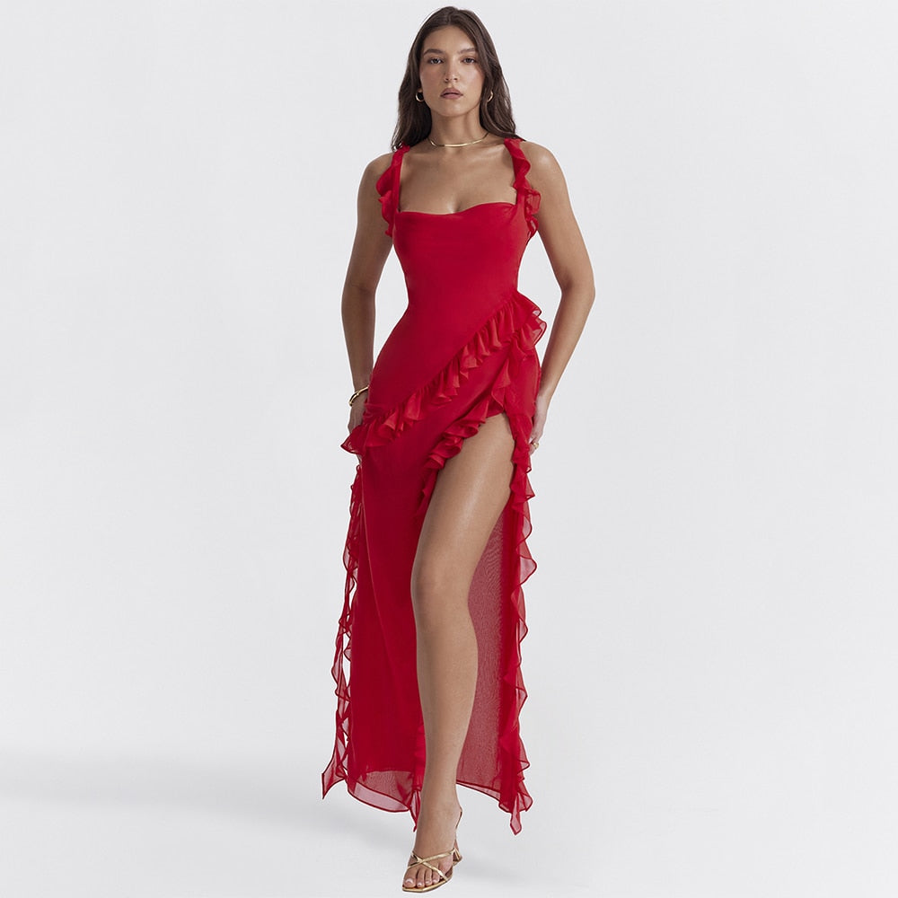 Sexy Slit Long Dress Red Chiffon Skirt Summer Sleeveless Falbala Dresses for Women Traf Formal Occasion Dresses Vestido