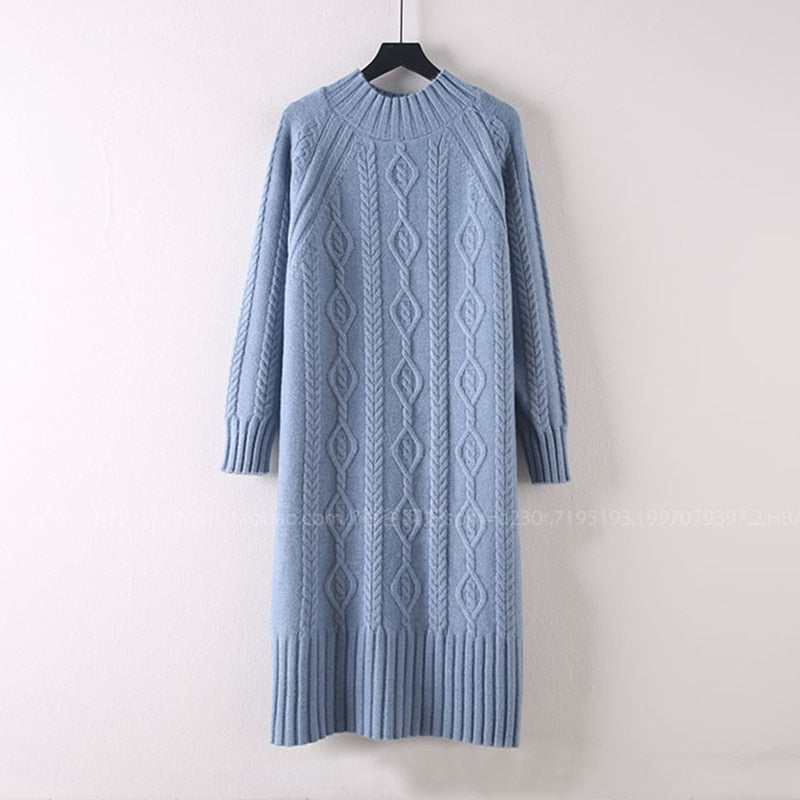 Winter Thicken Plus Velvet Sweater Dress Women's Fall Mock Neck Rib Knit Bottoming Dresses Elegant Warm Vestido Midi With Coats