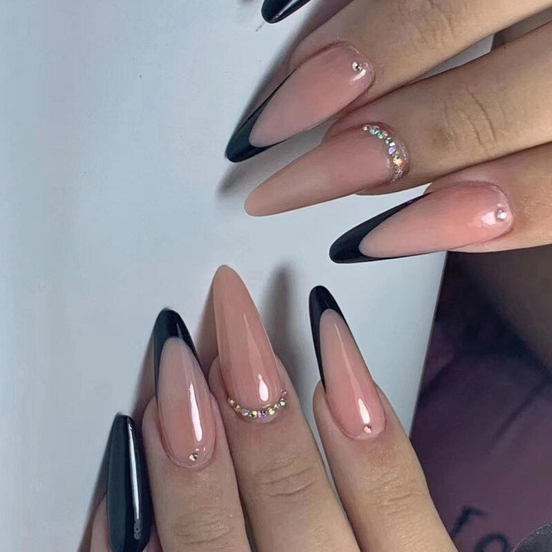 Long Stiletto False Nails Black Edge French Gold Thread Black Rhinestones Design Wearable Fake Nails Press On Nails Manicure Tip 2023-4