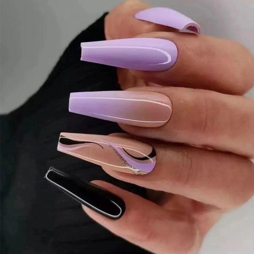French Ballet False Nails With Gold Foil Glitter Designs Wearable Long Coffin Ballerina Press On Fake Nails Full Cover Nail Tips