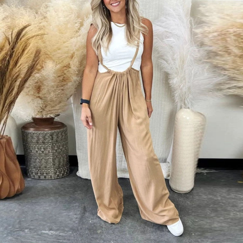 Retro Female Wide Leg Pants Pockets Overalls Fashion Summer Loose Streetwear Rompers 2023 Women Casual Sling All-Match Jumpsuits Complexion
