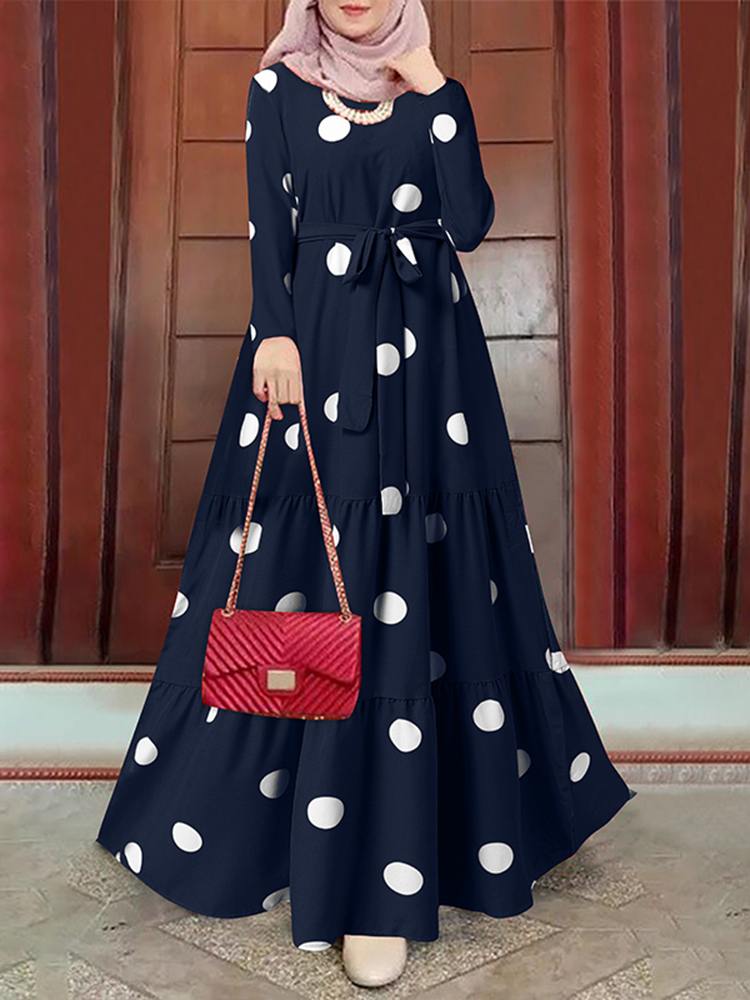 ZANZEA Women Spring Muslim Dress Elegant Casual Loose Abaya Kaftan Sundress Long Sleeved Polka Dots Printed O-Neck Maxi Robe Navy