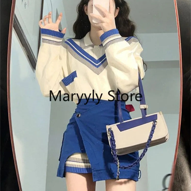 Autumn Fashion Suits Chic Japanese Long Sleeve Y2k Two Piece Dress Set Female Casual Blouse + Blue High Waist Mini Skirts