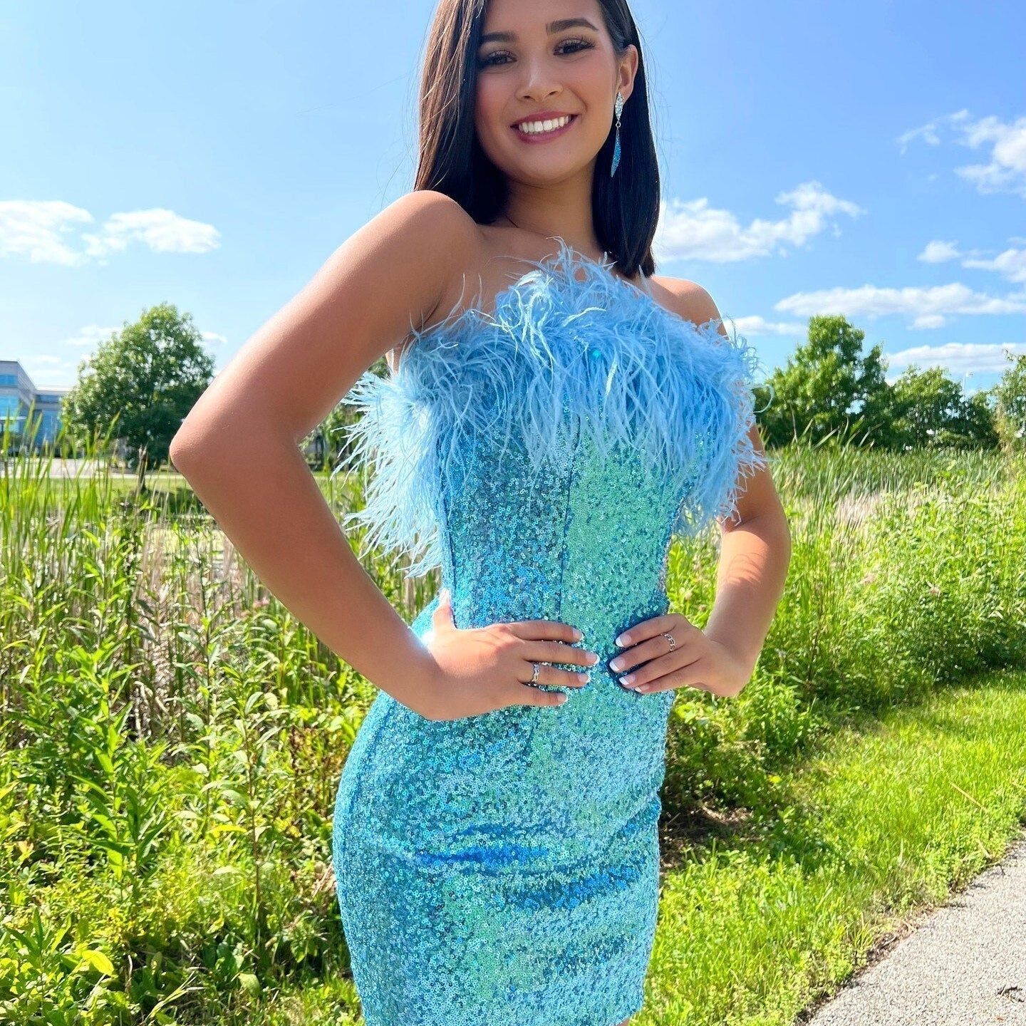 Sequin Mini Hoco Dress NYE Feather Strapless Short Lady Formal Homecoming Party Gown Club Night Cocktail Prom Gala RoseGold Sky-Blue
