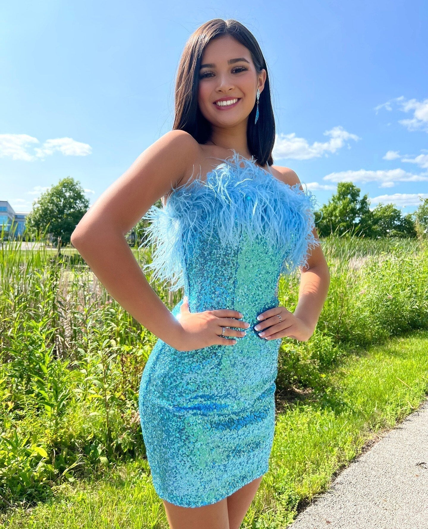 Sequin Mini Hoco Dress 2023 NYE Feather Strapless Short Lady Formal Homecoming Party Gown Club Night Cocktail Prom Gala RoseGold
