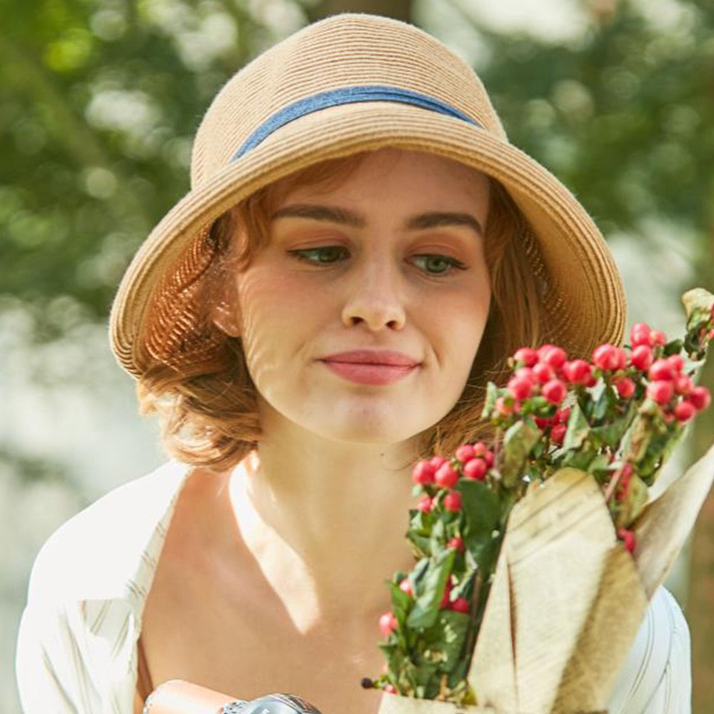 FS French Straw Bonnet Cap for Women Victorian Sun Hats Chin Strap Foldable Summer Accessories Bucket Hat Fedoras For Beach
