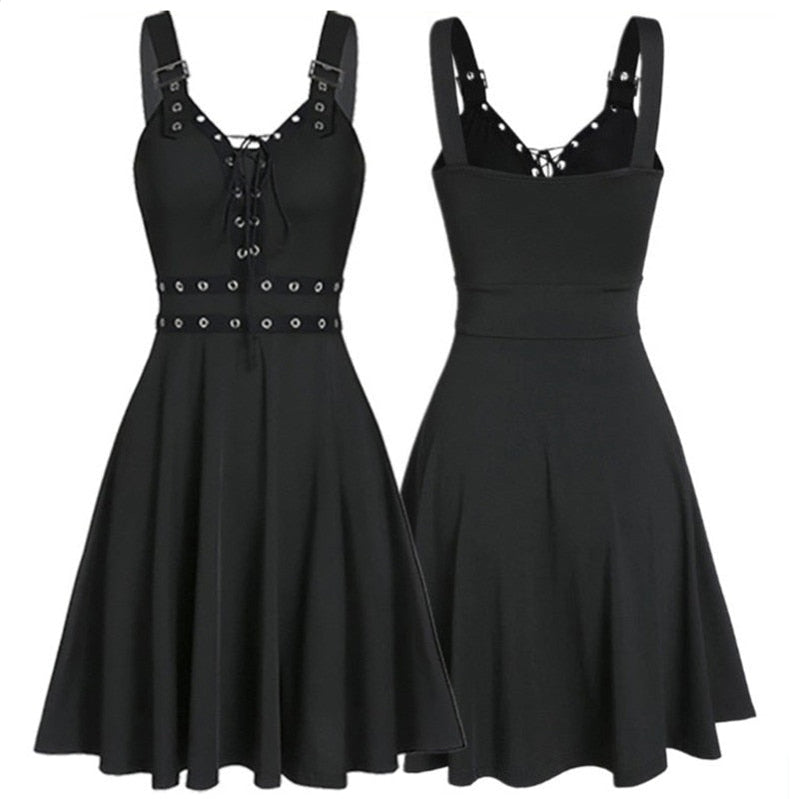 Women Mini Dresses Gothic Black Sexy Deep V Neck Fall Punk Sleeveless Rivet Fashion Tunic Hip Hop Bandage Female Dress