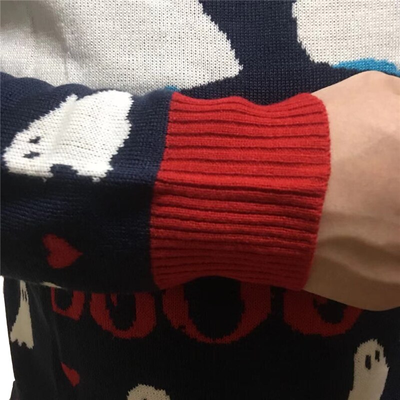 Unisex Cute Knit Funny Be My Boo Ghost Pattern Crewneck Navy Blue Funny Men and Women Ugly Halloween Sweater