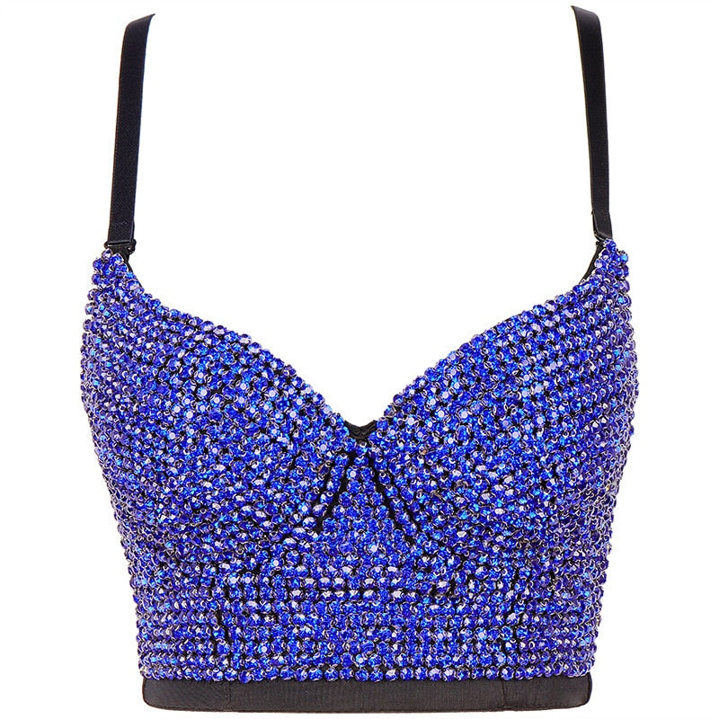 Women Tank Tops Luxury Sequined Rhinestone Pearl Wedding Push Up Bra Woman Clothes Camis Stage Ladies Crop Top Corset y2k Blusas 18-blue
