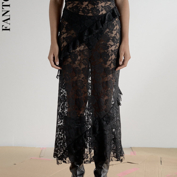 Fantoye Sexy See Through Lace Women Skirt Black High Waist Floral Y2k Skirt Femme Summer Casual Vacation Outside Streetwear 2023 Black