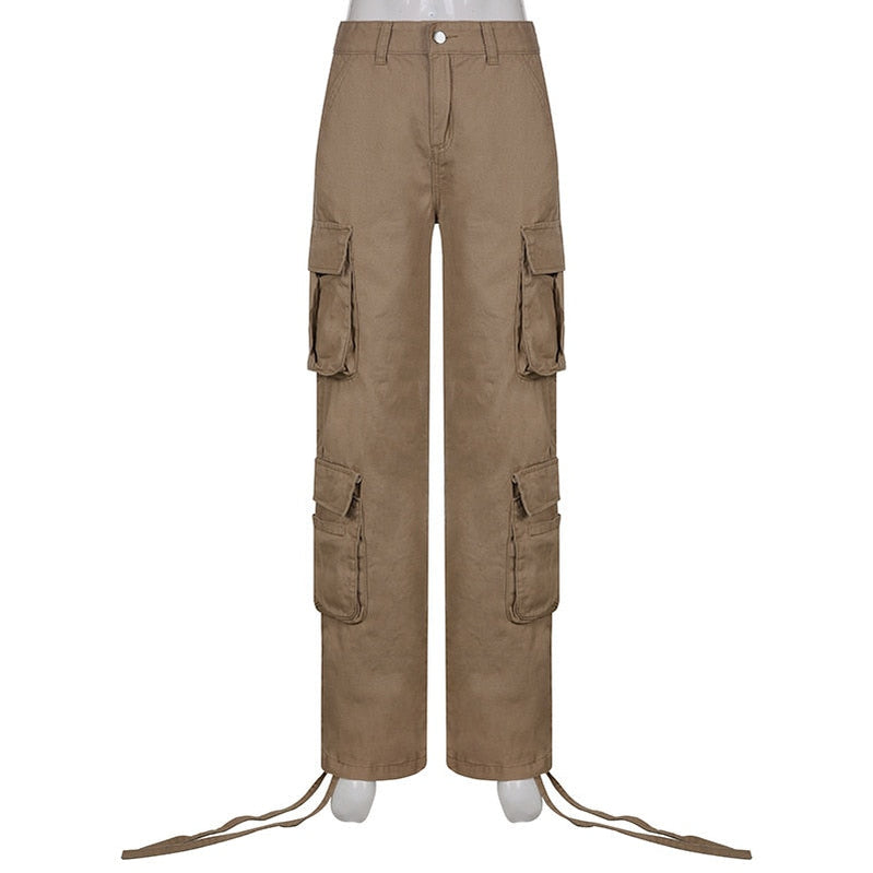 PASSIONNÉ Trousers for Women High Waist Pockets Lace-up Wide Leg Pants Female Vintage Streetwear Style Fashion New Khaki