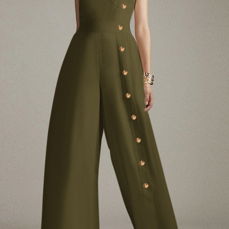 ZANZEA Wide Leg Pant Buttons Split Jumpsuits Summer Casual Fashion Sleeveless Long Rompers Women V Neck Wasited Playsuits