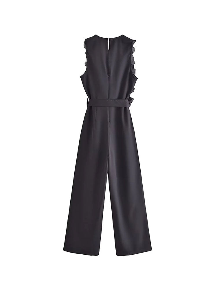 TRAF 2023 New Summer Women Elegant Solid Ruffle Sexy White Jumpsuits Fashion Long Jumpsuit with Belt