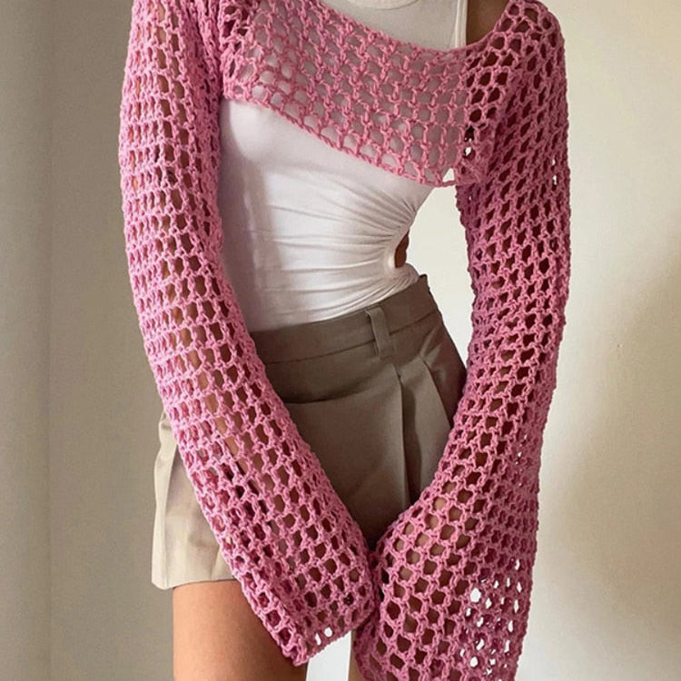 Summer Long Sleeve Smock Knitted Crop Top Women Y2k Beach Sexy Backless Hollow Out T Shirts Green Party Casual Pullovers Pink