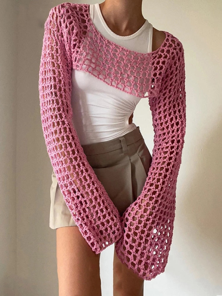 Summer Long Sleeve Smock Knitted Crop Top Women Y2k Beach Sexy Backless Hollow Out T Shirts Green Party Casual Pullovers Pink