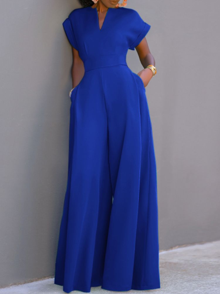 Summer Holiday Overalls Casual Elegant Playsuit Women Short Sleeve Long Rompers Commuting Wide Leg Pants Jumpsuits