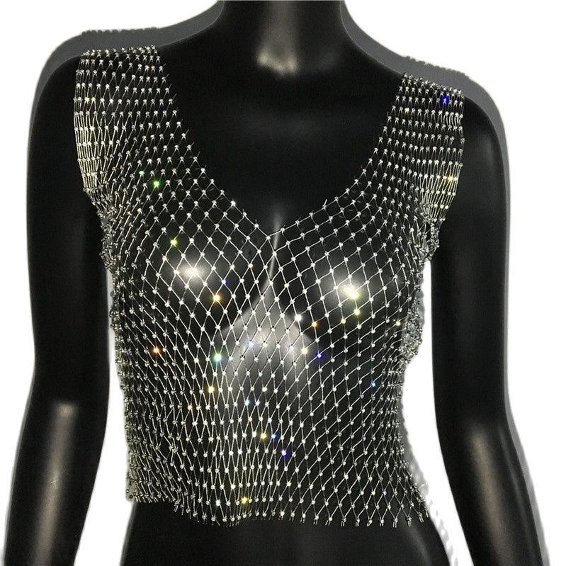 Women's Fishnet Rhinestone Crop Top 2023 Summer Sexy Mesh High Elastic Black White Shirt Net See Through Rave Diamond Tank Top Silver V neck