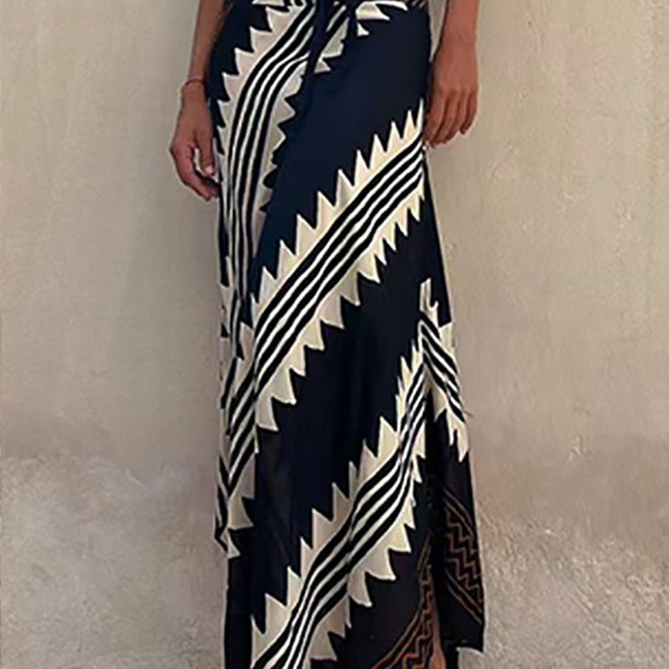 Boho Retro Patchwork Print Skirt Women Summer High Waist A-Line Elastic Long Skirts Casual Holiday Beach Skirt